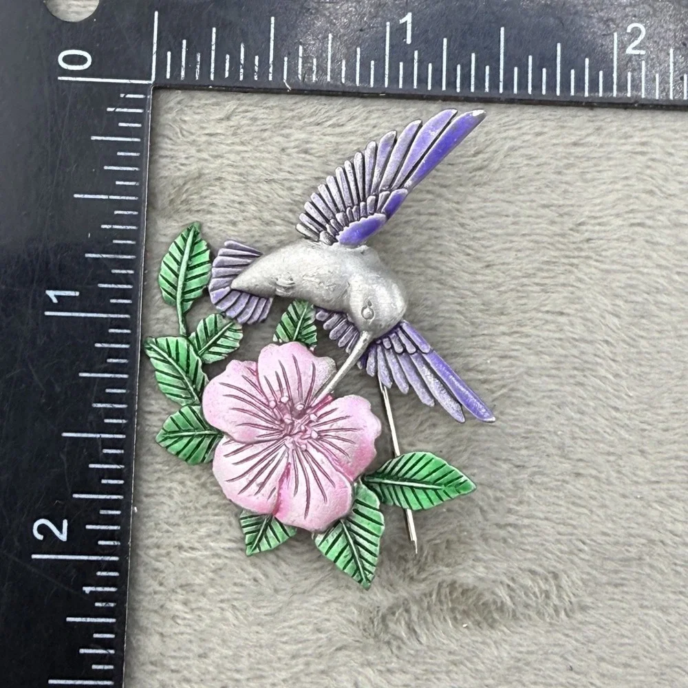 Vintage‎ JJ Brooch Silver Tone Enamel Hummingbird Flower Spring Bird